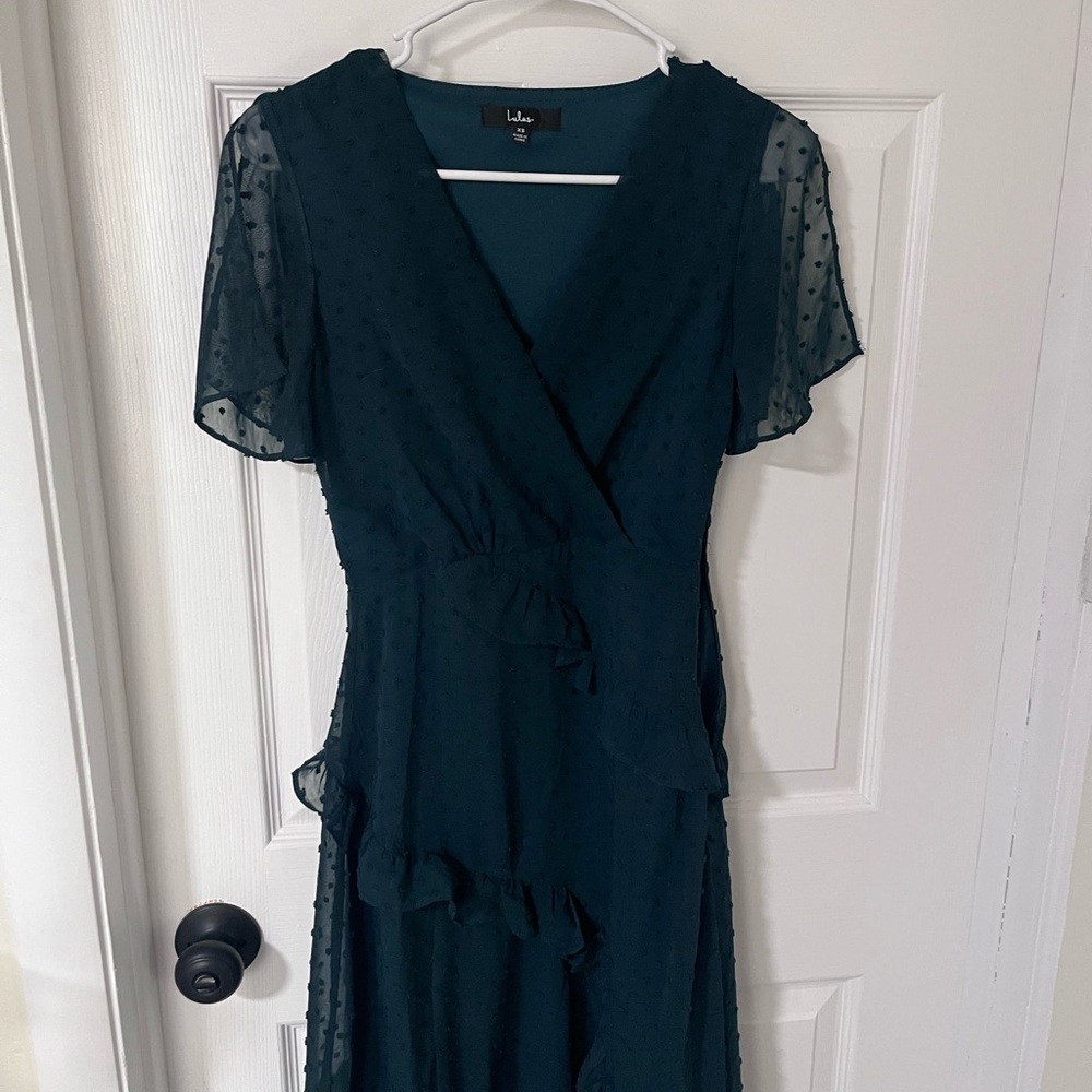 Lulu's Teal Dot-Texture Wrap Midi Dress with Flutter Sleeves
